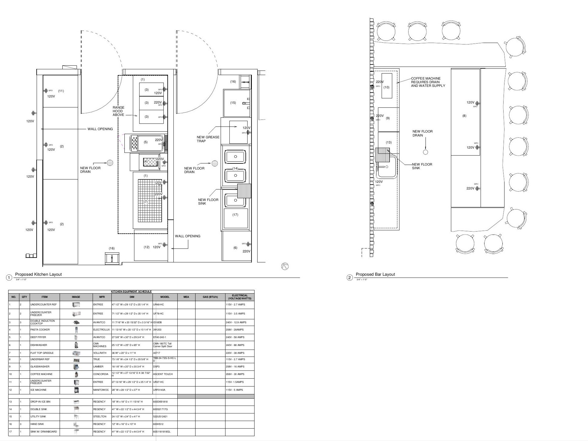 Kitchen and bar layouts with equipment schedule; electrical 